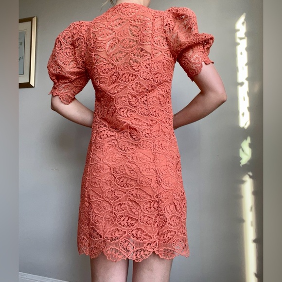 Sandro Lace Summer-Cocktail Coral Puff Sleeves Dress (French brand) - Picture 4 of 10